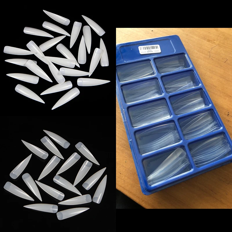 100pcs/set Nail Art Tips Long Salon Stiletto Plastic French Salon Acrylic Nail Art False Nail Tips