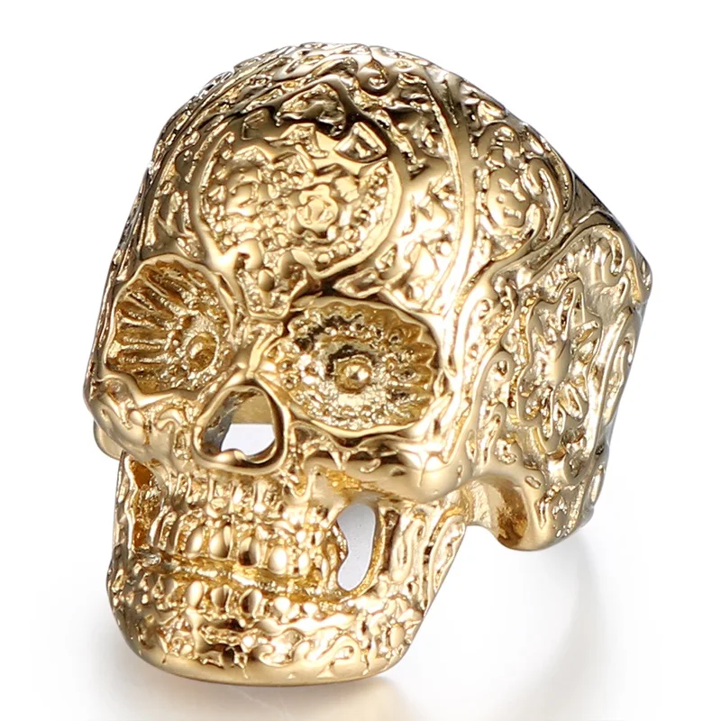 Hiphop style Gold Ion Plated Flower Skull Titanium Rings for men women In Stock