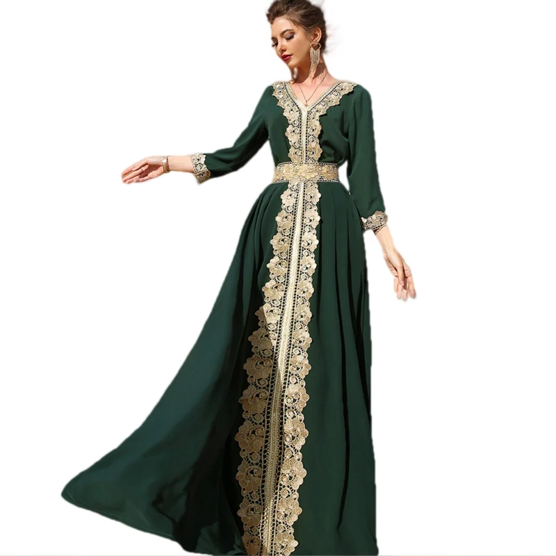 Middle East Southeast dubai turkish long dress islamic clothing women gold lace abaya muslim dress