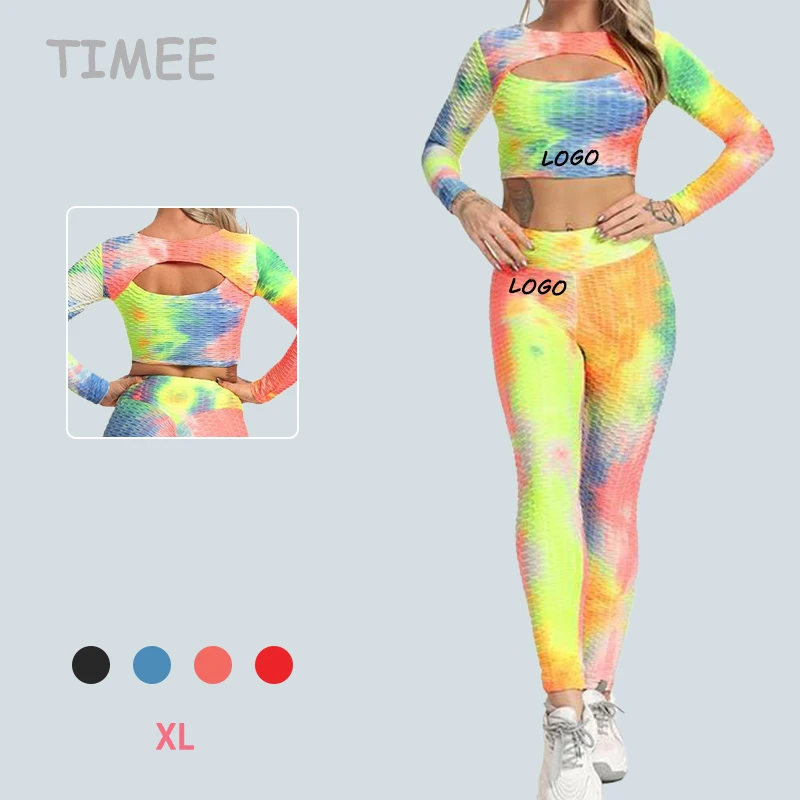 New plus size pineapple checker tight tie dye scrunch butt lifting legging sexy long sleeve cutout open back tops yoga suit