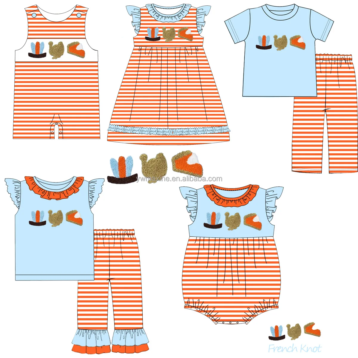 Hot Sale Thanksgiving Day Boy Clothing Fall Outfit 100% Cotton Casual Short Sleeve Striped 2pcs sets French Knot Boy Clothes