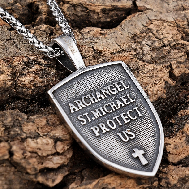Mens Stainless Steel Religious Vintage Non Tarnish jewelry Stainless Steel Angel of Shield Wing Cross Pendant Necklace