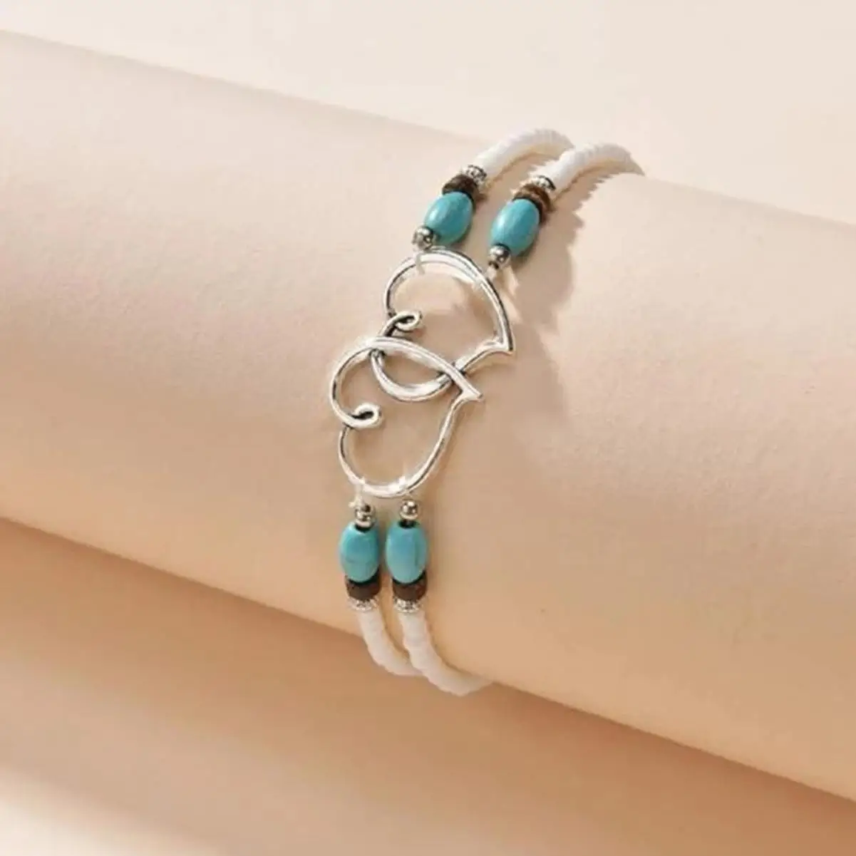 Factory Direct Sales Beach Wind Foot Fashion Pop Stack love Rice Bead Anklet Heart to Heart Turquoise 2 Heart Beaded Anklet