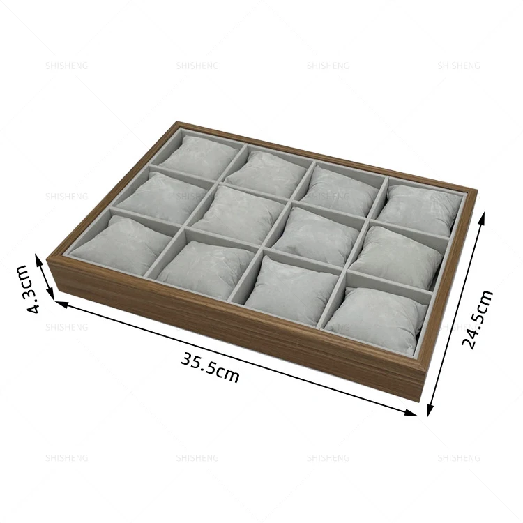 SHI SHENG High Quality Black Walnut Wood 12 Grids Watch Tray With Pillow for Jewelry Tray Bracelet Bangle Watch Display Holder