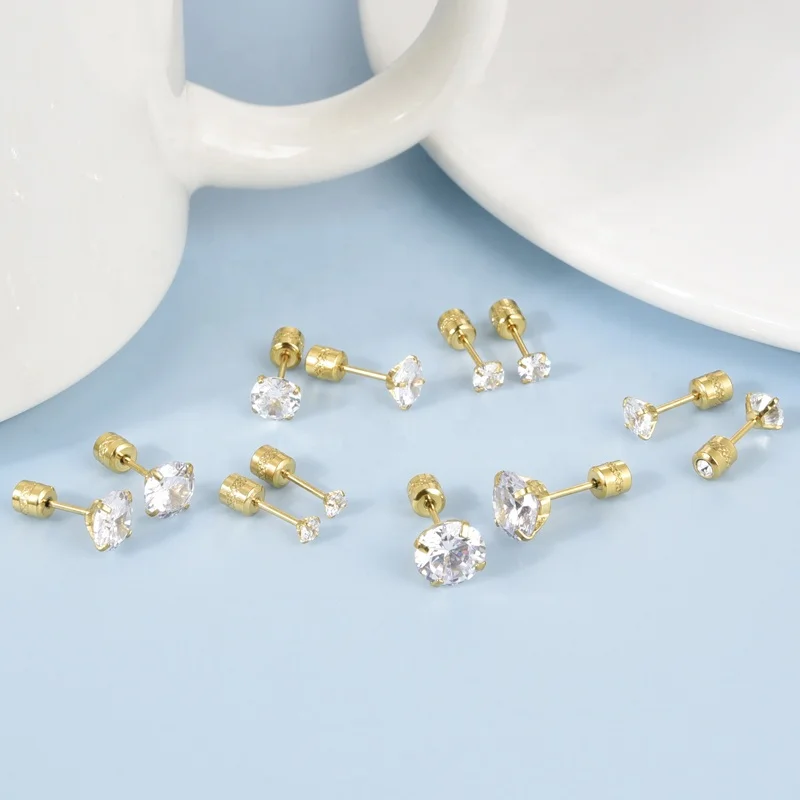 Wholesale Hypoallergenic Round Cubic Zirconia Earring Stainless Steel Gold Plated Jewelry CZ Stud Earrings Men Women