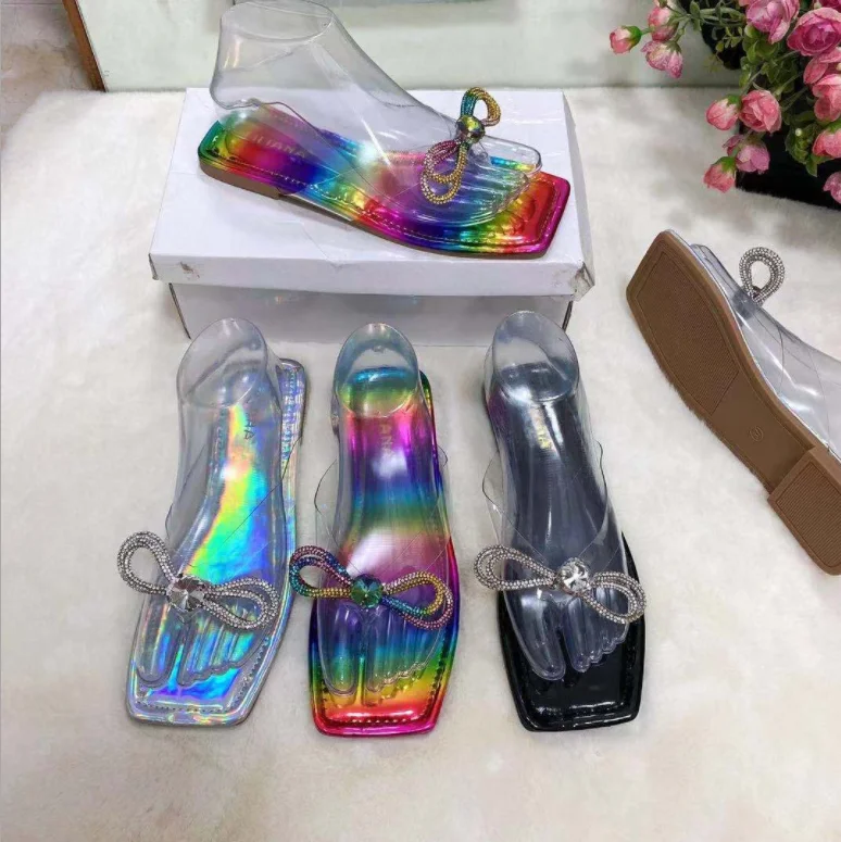 Summer New Quality Colorful Rhinestone mujer luxury chaussur  bowknot girl flat jelly sandal shoes