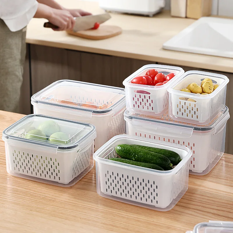 Plastic Fresh Produce Saver Vegetable Fruit Meat Fridge Food Storage Container Basket Set With Lids
