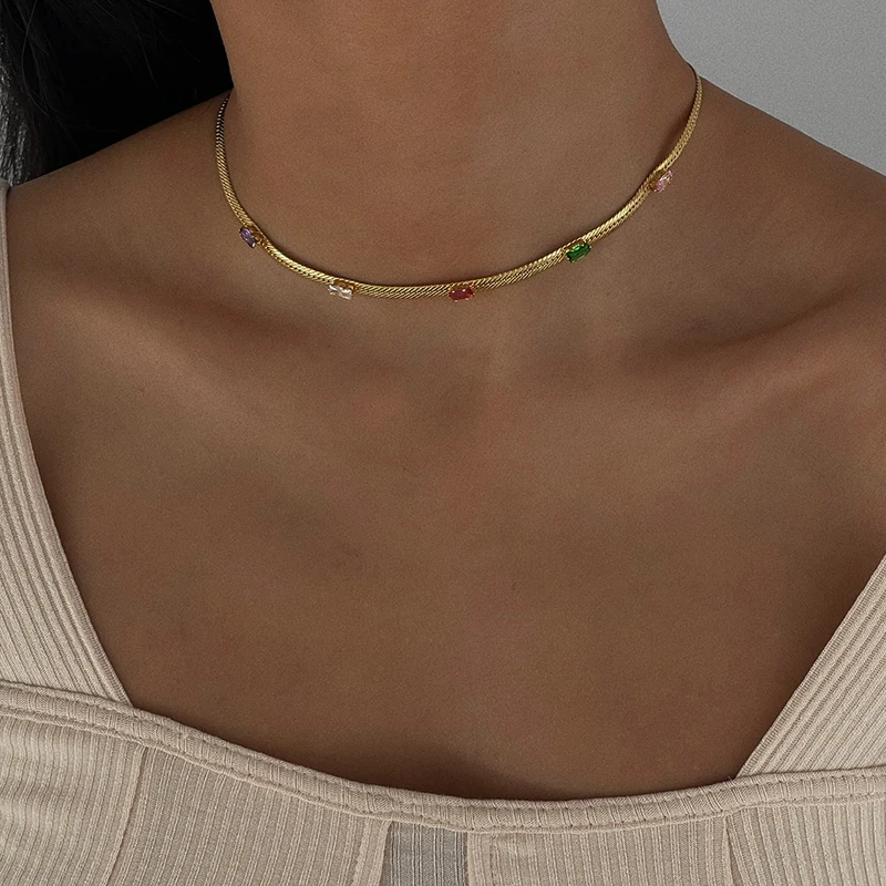 4 Colors Flat Snake Bone Chain Square Cubic Zircon Necklace 18K Gold Plated Choker Necklaces Colorful Vintage Handmade Jewelry
