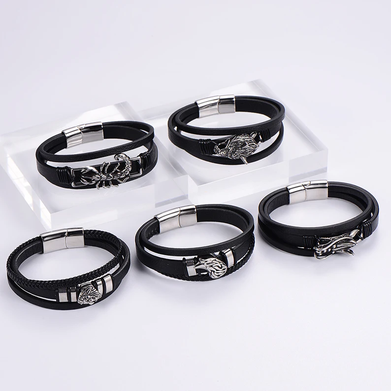 2024 New Multi Layer Braided Lion Dragon Thor Hammer Compass Mens Black Leather Bracelet Magnetic Clasp