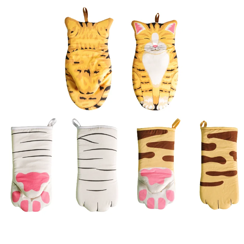 Cartoon Animal Cat Paws Oven Mitts Long Cotton Baking Insulation  Mitts Microwave Heat Resistant Non-Slip Kitchen Mitts