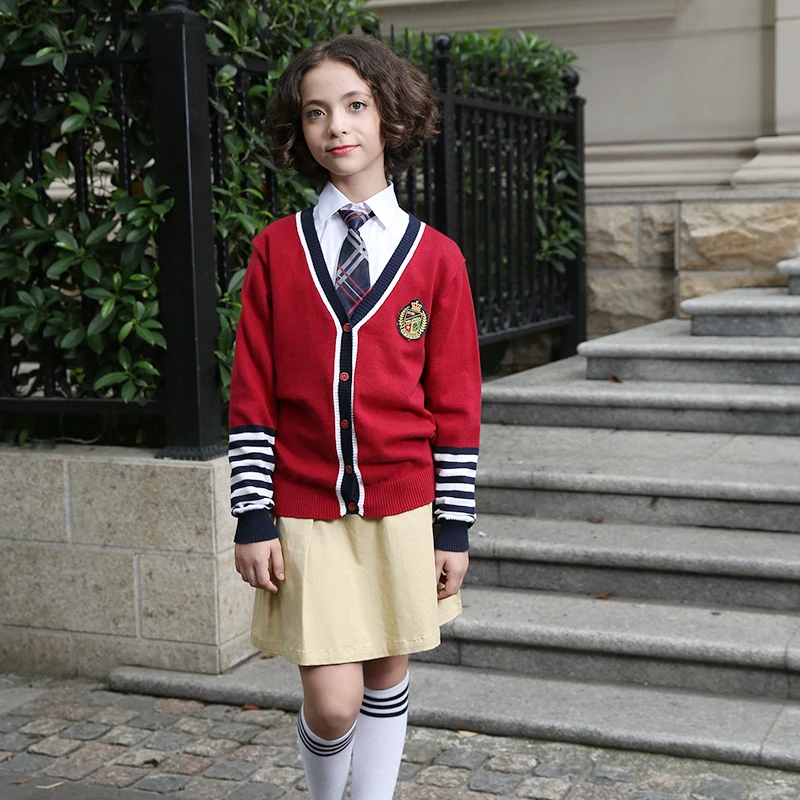 
spring and autumn Factory Price red cotton button knitted children kids Student primary School Uniforms Cardigan Sweater 