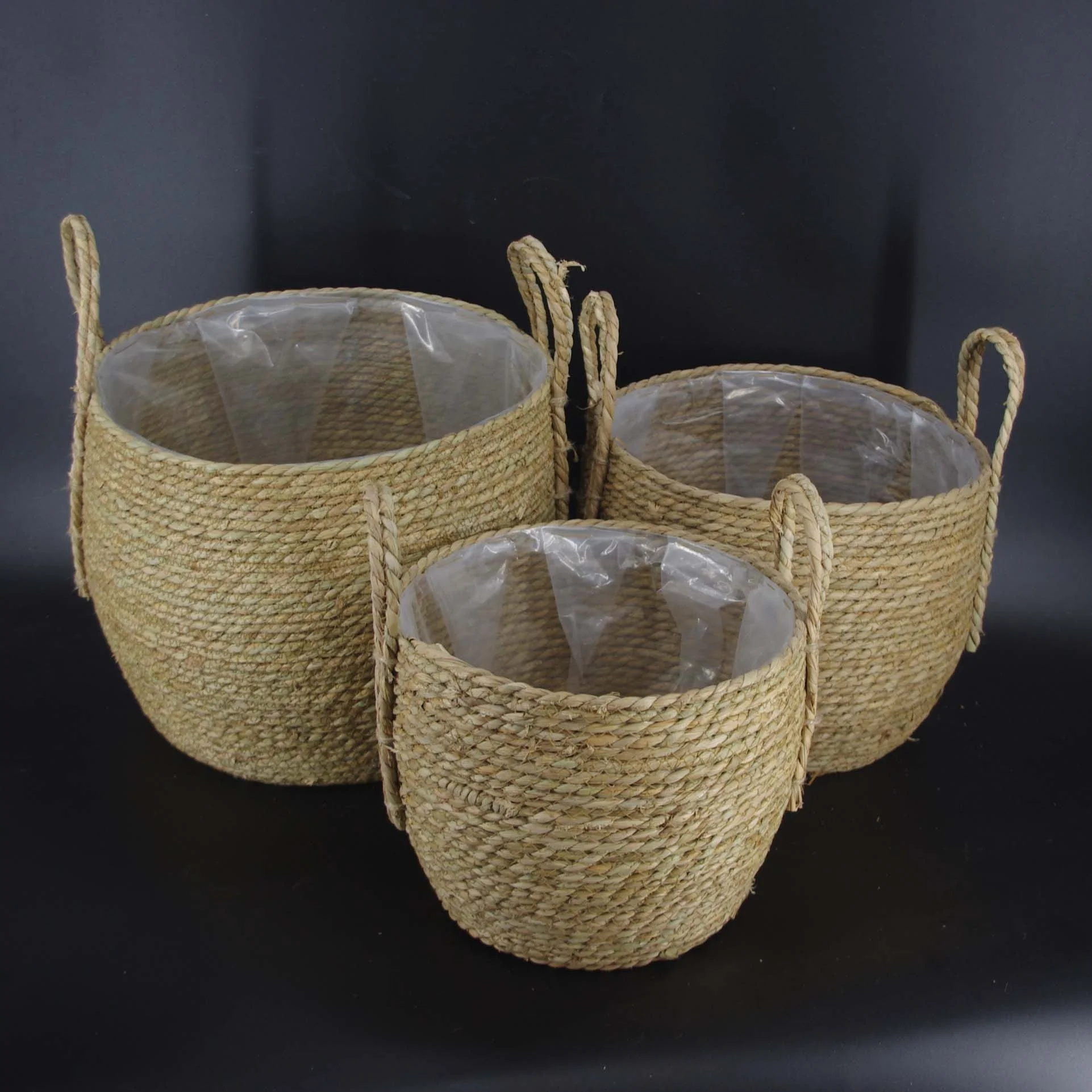 
plant woven baskets set of 3 with jute handle 