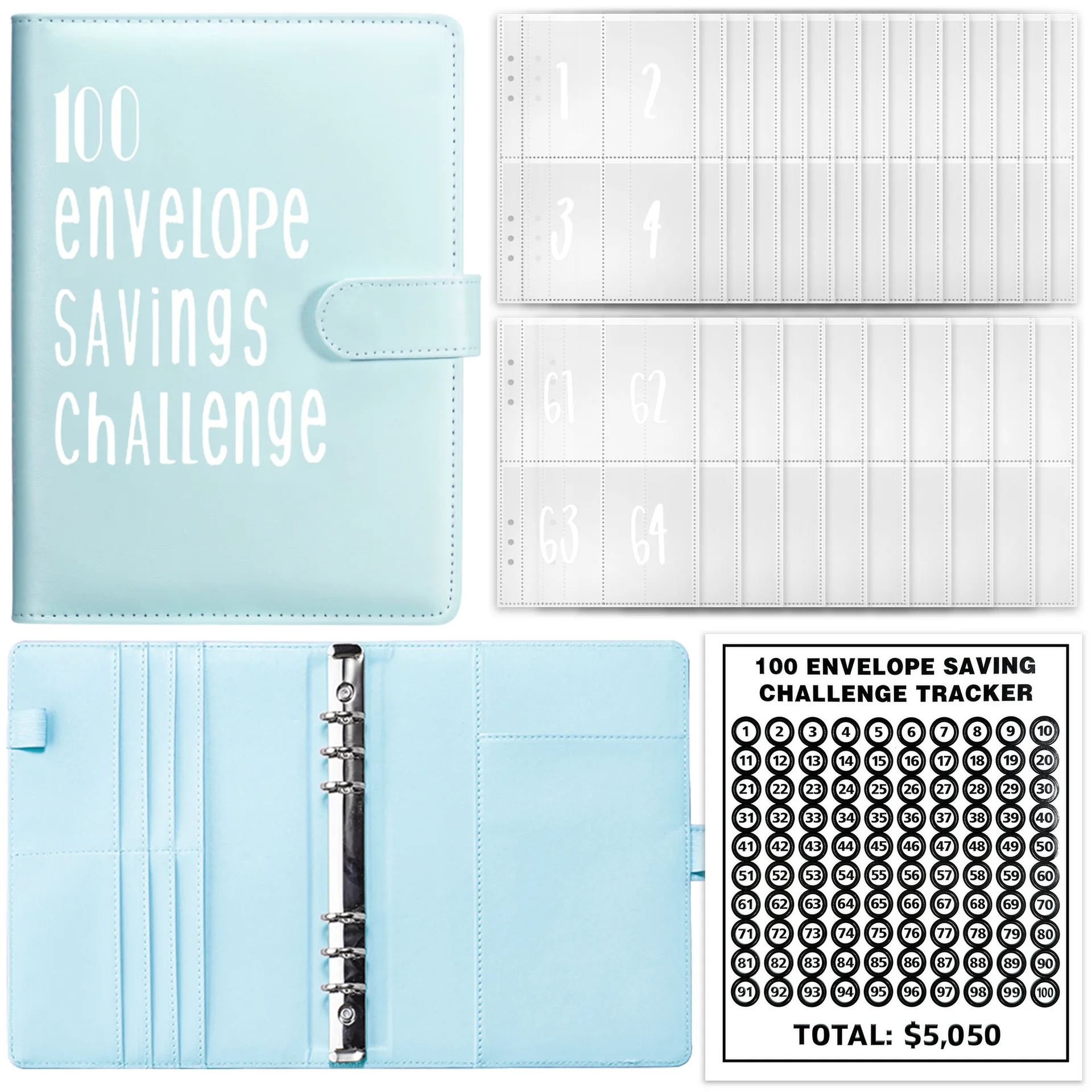 Marble style 100 envelope savings challenge binder for money saving planner with three trackers