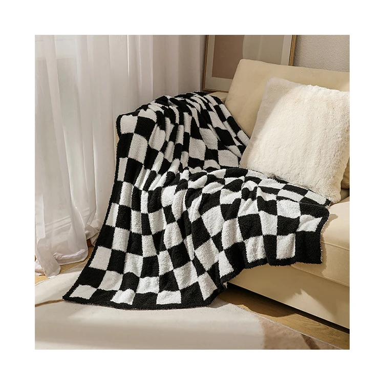 Customized logo mantas cobijas soft tie dye checkered board chunky yarn knit blanket for airplane travel hotel sofa