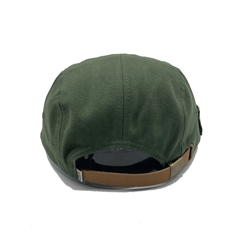 Wholesale Custom High Quality Unstructured 5 Panel Cotton Camp Cap Flat Brim With Adjustable Leather Strap Hats Caps