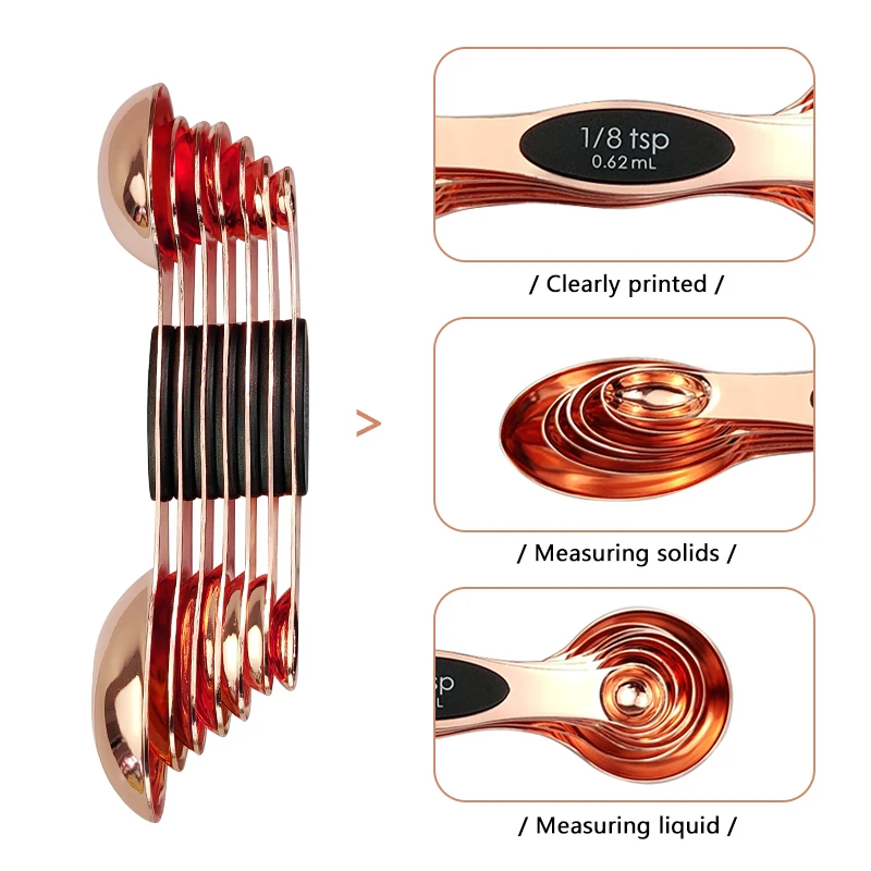 New Arrival  Stainless Steel Stackable Rose Gold Dual Sided Teaspoon Tablespoon Magnetic Measuring Spoons Set