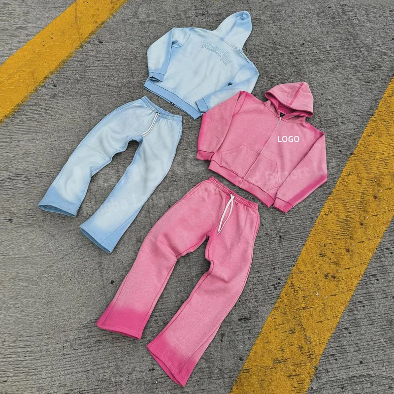 Streetwear High Quality Design Acid Wash Zip Up Baggy Blank Fleece Cotton Flared Custom Tracksuits