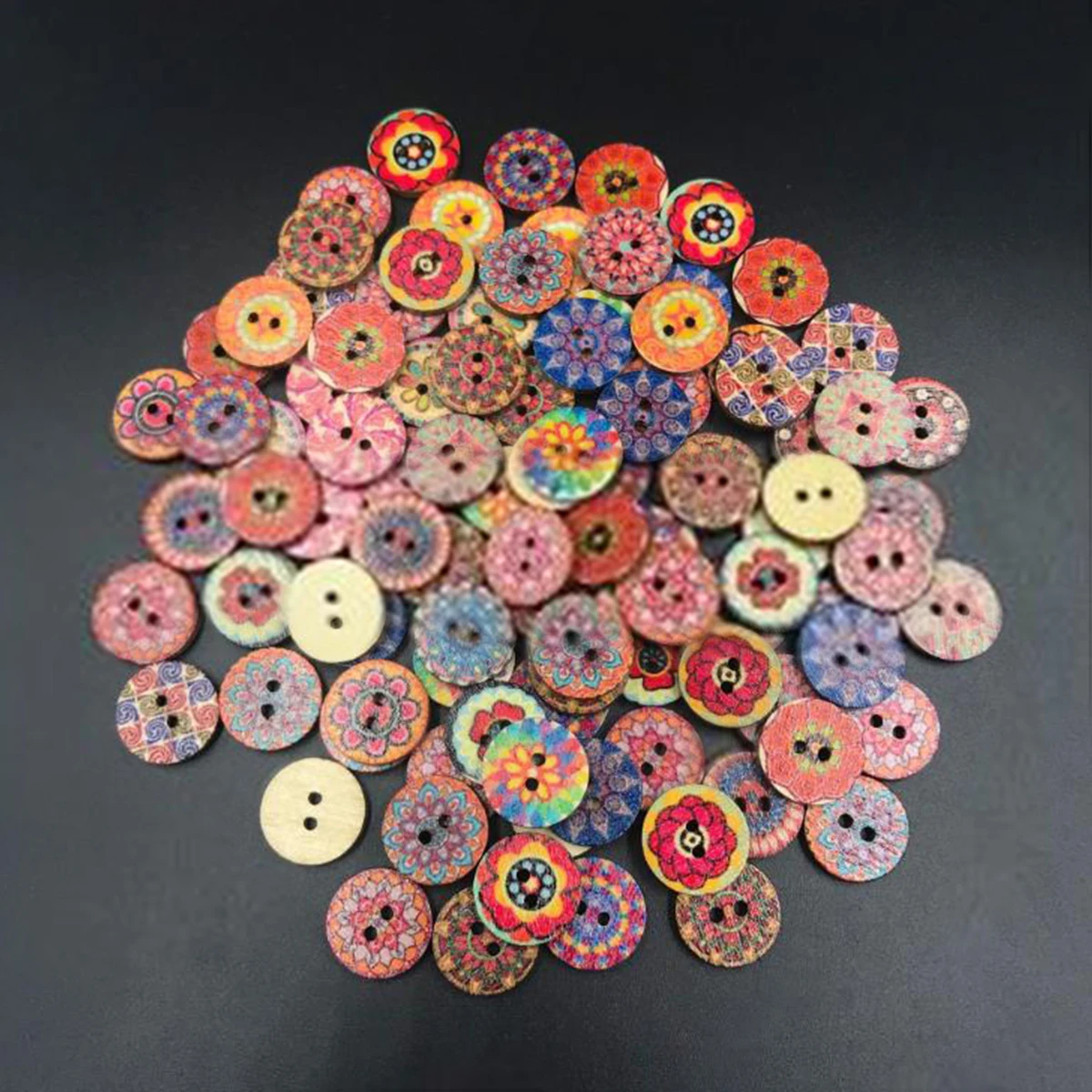 100pcs 2 Holes Mixed Boho Flower Classic Vintage Painted Wooden Round Button Sewing Scrapbooking DIY Clothes Craft