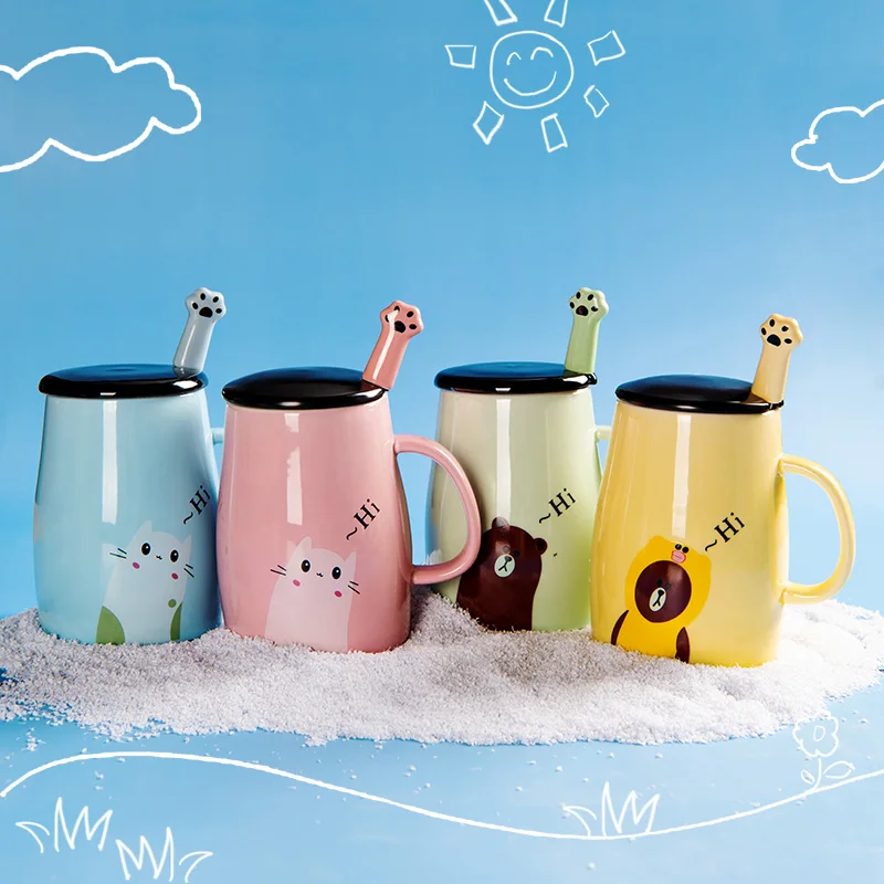 Zogift Cute Cat Style Ceramic Mugs Lid Spoon Cartoon Creative Morning Mug Milk Coffee Tea Unique Porcelain Coffee Mugs