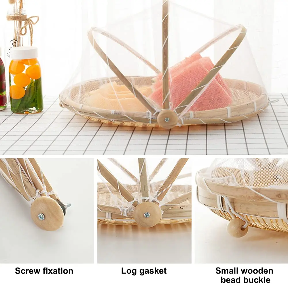 Bamboo Food Serving Tent Basket Hand-Woven Basket Serving Dustproof Round Picnic Basket , Mesh Gauze Cover Container