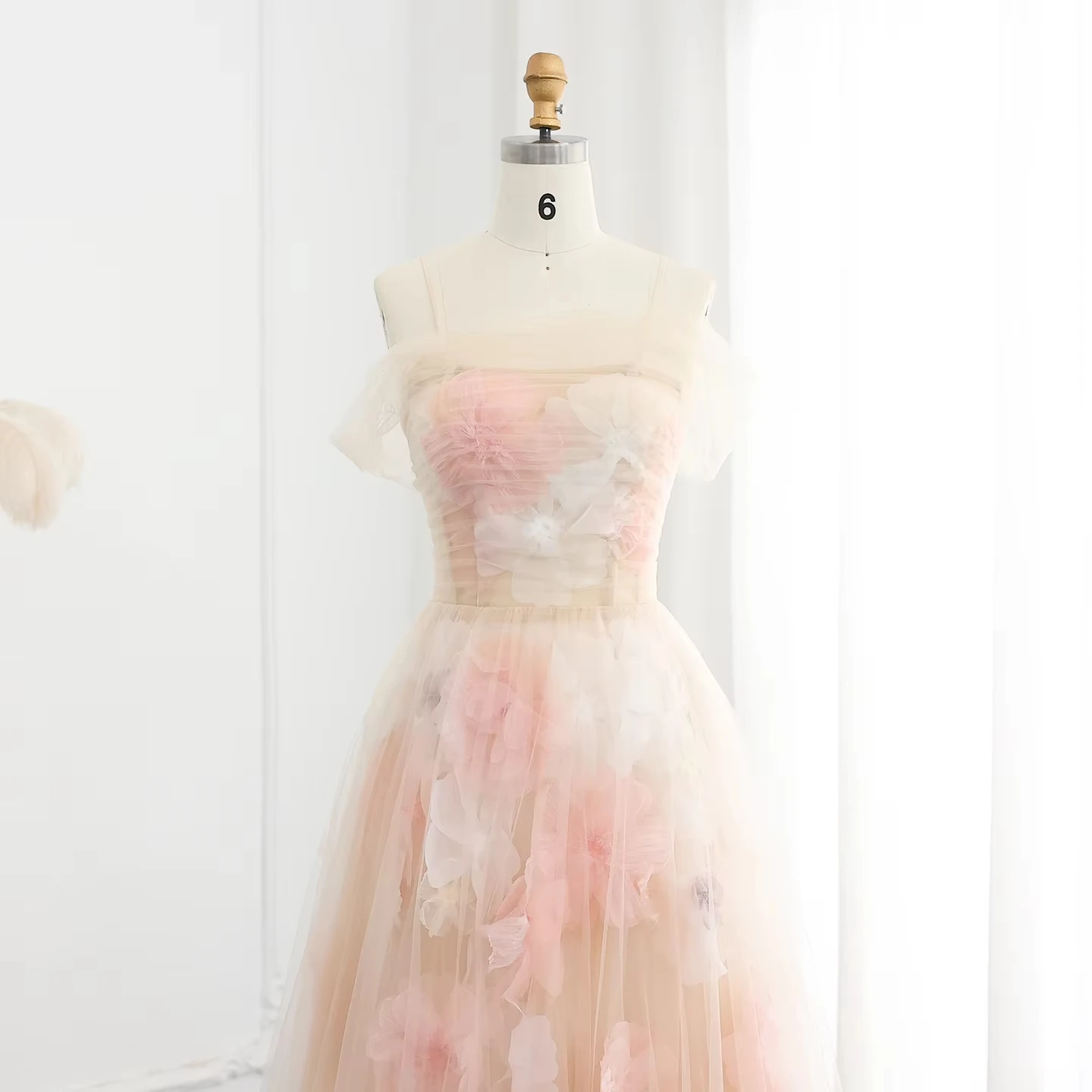 Elegant Off Shoulder Pink 3D Flowers Champagne Evening Dress With Straps Arabic Long Women Wedding Party Gowns Lsz321