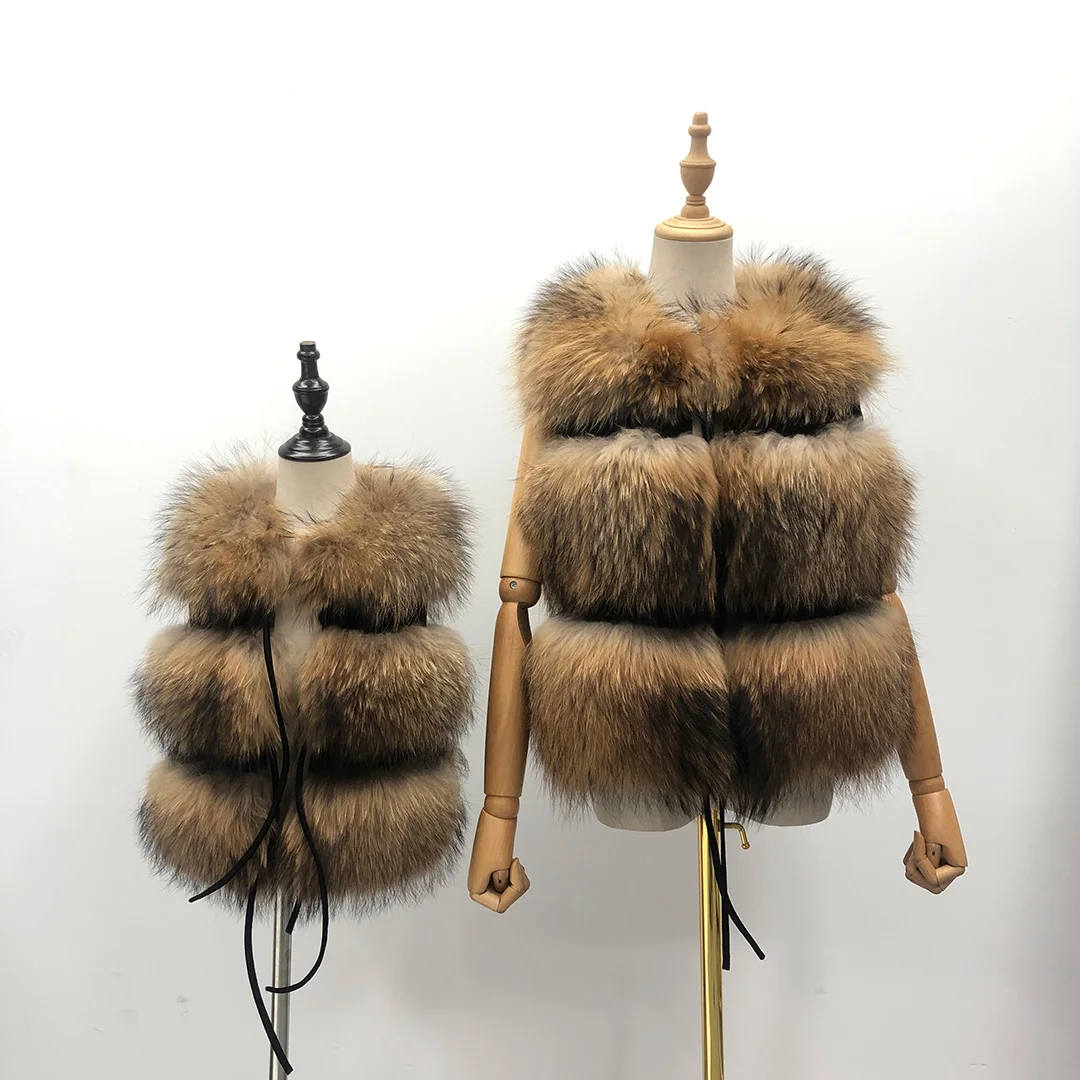 High Quality Winter Fashion Girls 3 Rows Raccoon Fur Waistcoat Kids Real Fur Vest