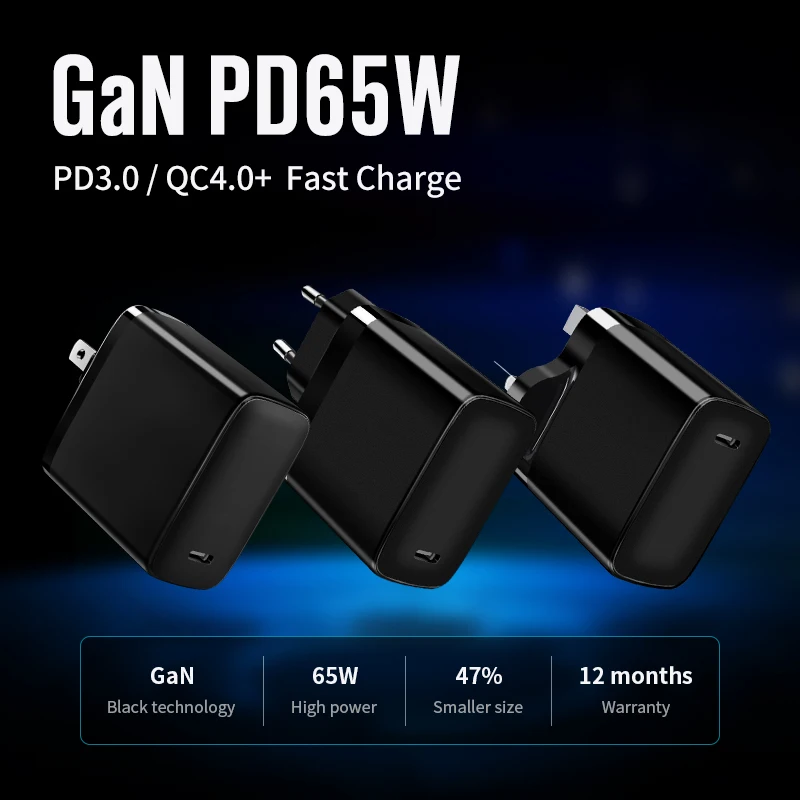 2021 product GaN Technology PD3.0 QC4.0 65W type c Fast Charger Power Delivery For Mobile Phone /Laptop/Macbook/airpad