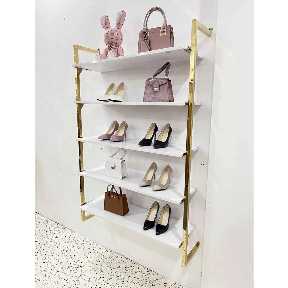 Interior Design Clothing Store Furniture Shop Decoration Gold Stainless Steel 4 Tiers Wall Shoe Display Rack For Shoe Bag Store