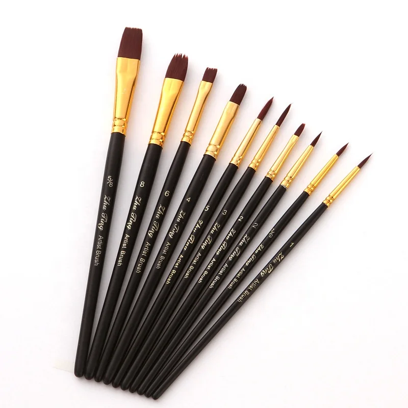 Hot Sale Mixed Shape Nylon Art Paint Brush Set,10pcs Colorful Wooden Handle Brushes