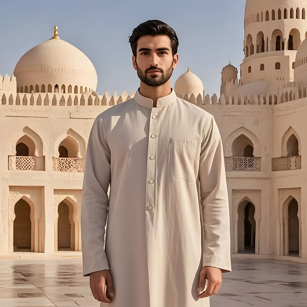 Mens Saudi Arabia Thobe Jubba Dishdasha Long Sleeve Robe Ramadan Muslim Dress Middle East Islamic Clothing