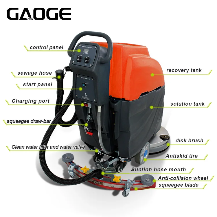 Gaoge Brand Model A1 Hand Push Floor Scrubber Cleaning Equipment 530/780MM 55/60L 24V/500W 120BAR 180PRPM Floor Scrubber Machine