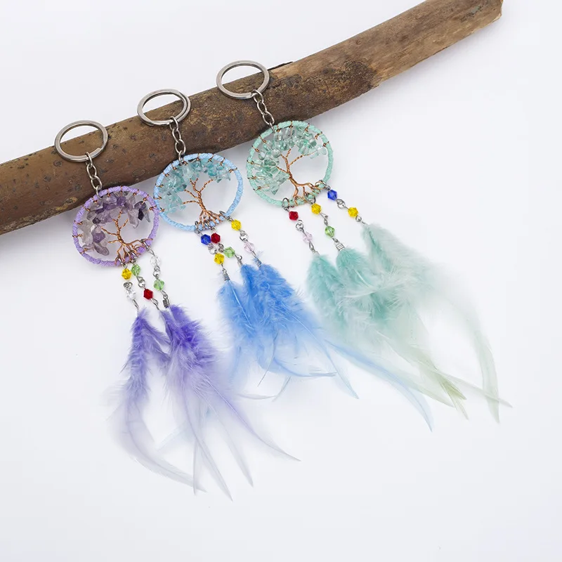 Bulk Wholesale Long Feather Keychain Natural Stone Crystal Tree of Life Dream Catchers Keychains