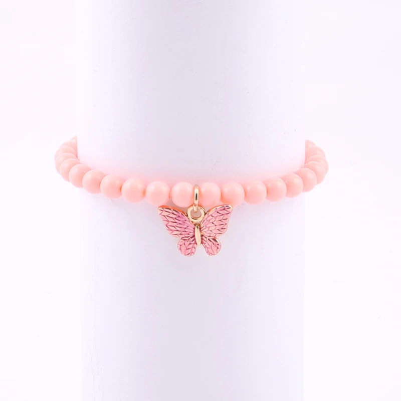 Factory Direct Custom Cute DIY Pink Bead Rose Gold Plated Butterfly Pendant Home Handmade Baby Kids Bracelet