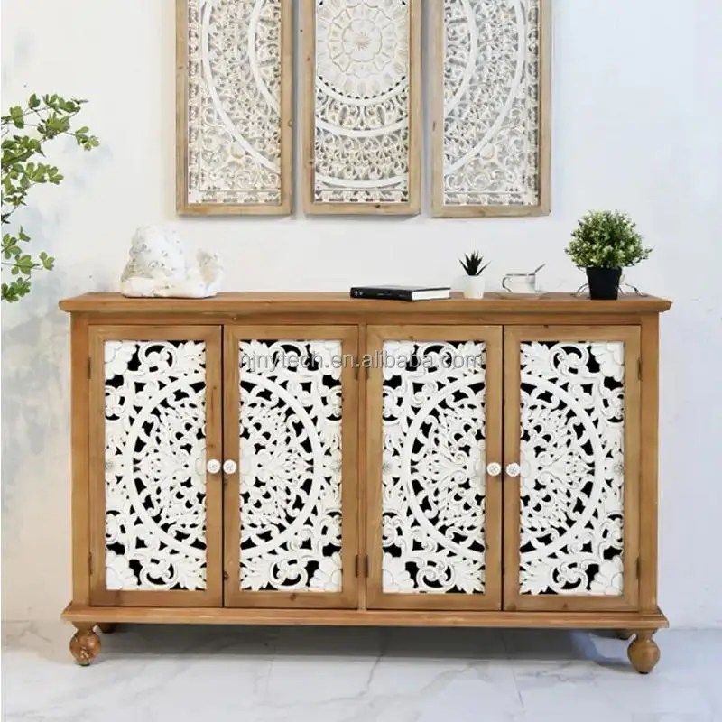Solid Wood Cabinet Natural Pastoral Farmhouse Storage Sideboards Rustic Carved Decor Home Furniture Living Room Side Cabinets