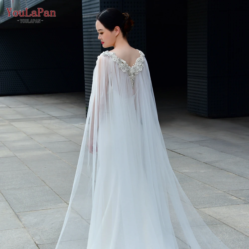 YouLaPan VG74 Luxury Ladies Long Cloak Beaded Rhinestone Sewing Cathedral Bridal Shawl Tulle Wedding Cape