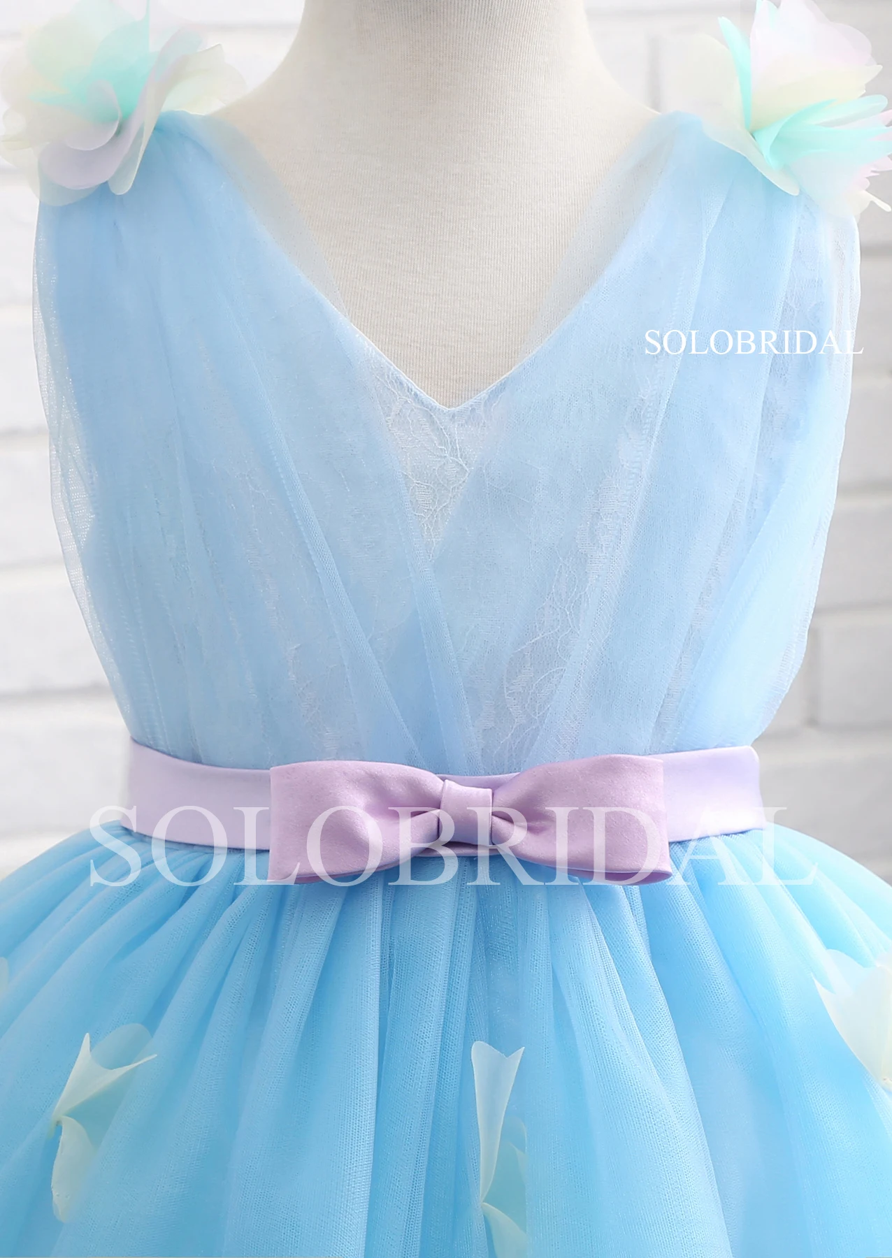 Cute Sky Blue V Neck Butterfly Ball Gown Princess Girl Dresses for Wedding Pink Flower Girl Dress