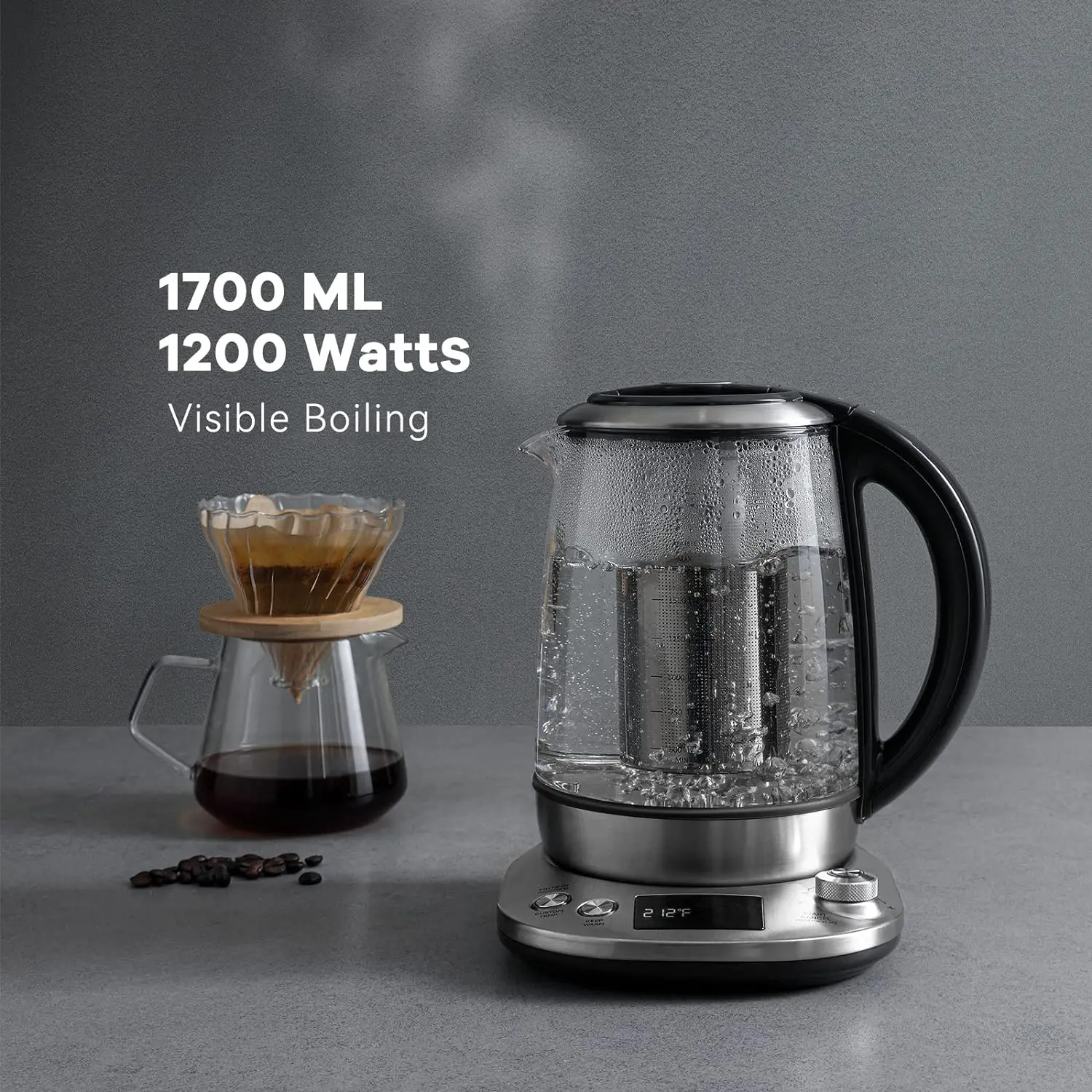 2 Hours keep Warm, 1.7 Liter Electric Kettles, 1200W, Glass and Stainless Steel electric kettle 1.7l