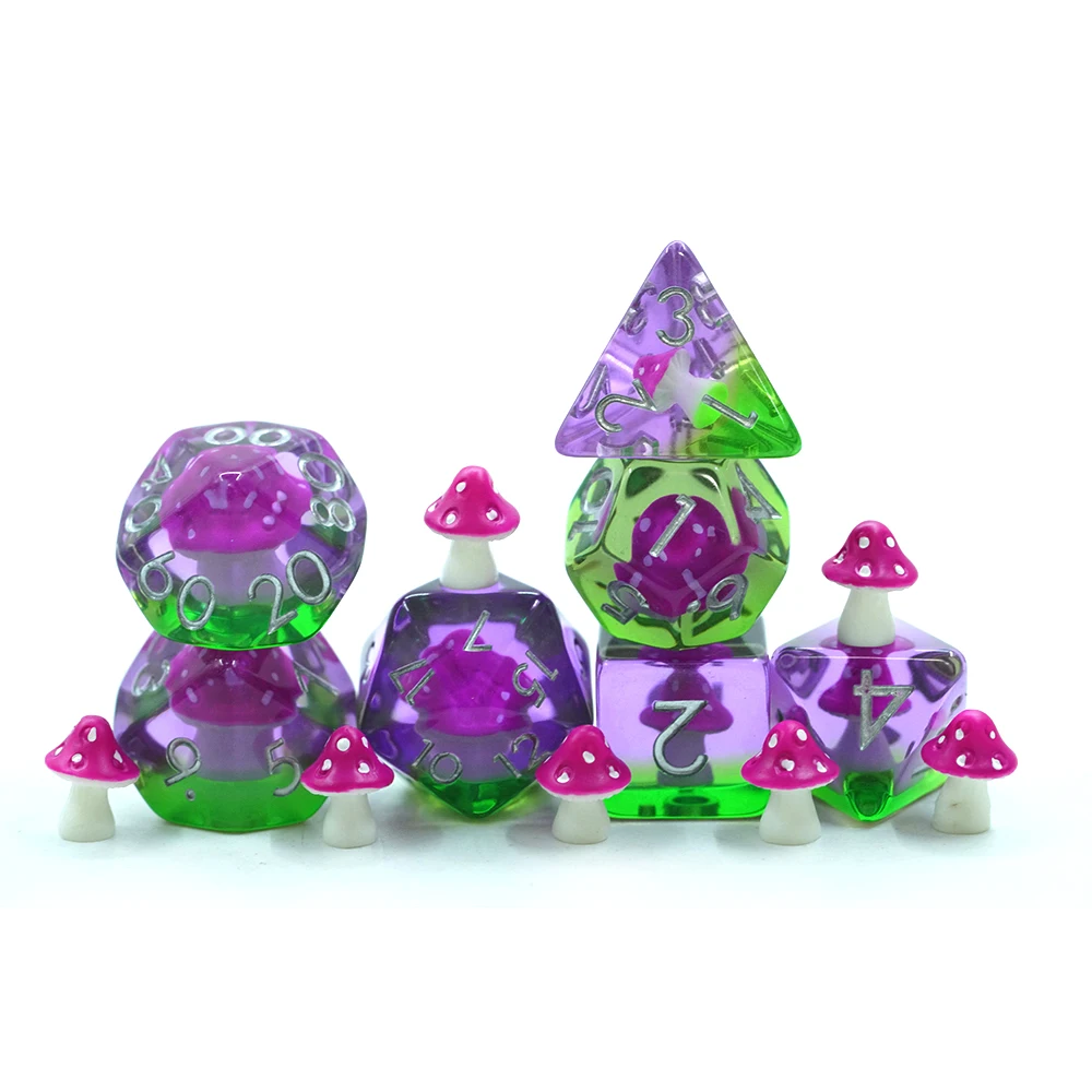 Yushun Novelty Pink Resin Polyhedral Dnd Game Dice Set 16Mm Mushroom Rpg Dice Set Of 7