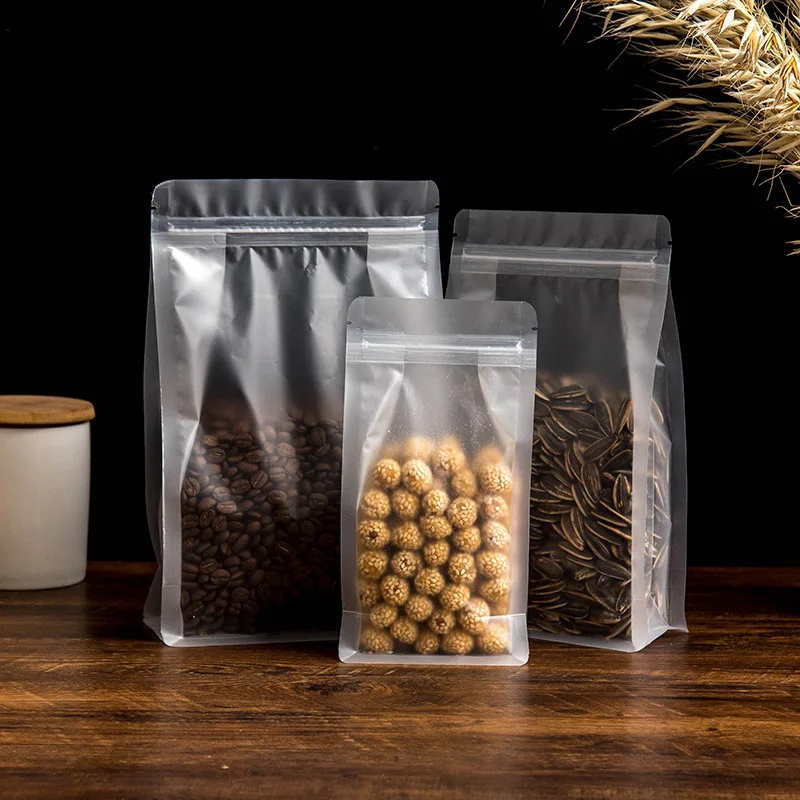 In Stock wholesale Transparent Plastic Food Grade Nut Cookie Resealable Zipper Coffee Flat Bottom Sealed Bag