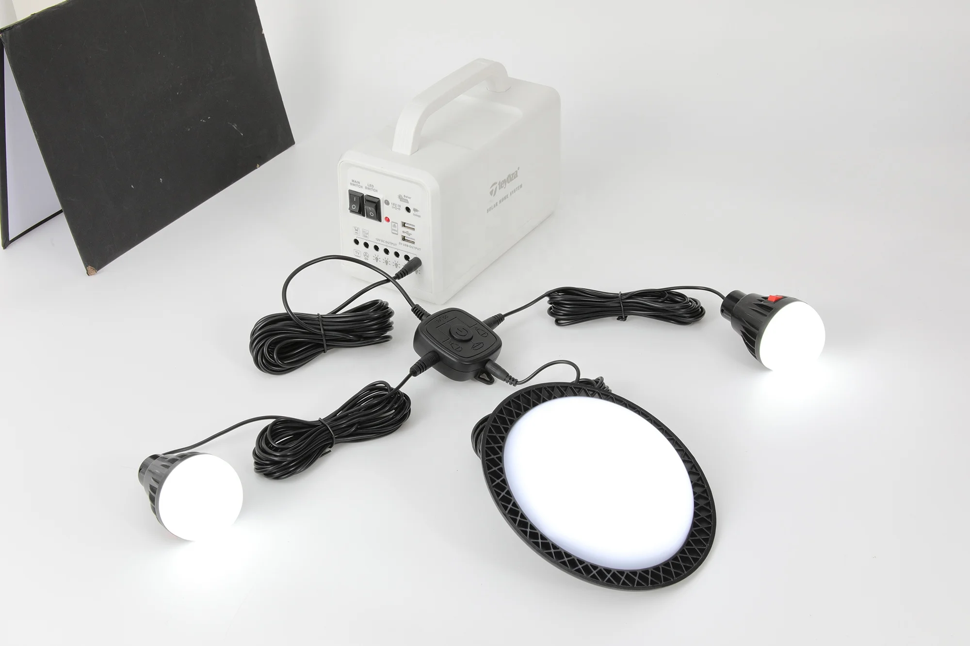 teyoza with 60 watt solar panel portable solar system rechargeable led emergency light with dc bulb and power bank function