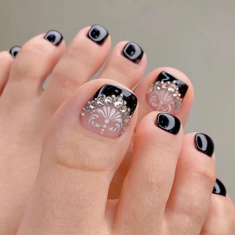 Wholesale 24pcs/box Summer Designs Girl Fake Toenails Butterfly Feet Nail Tips Lady Toe fake nails with rhinestones