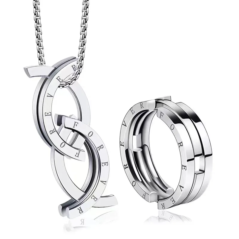 Hot Selling Stainless Steel Deformation Kissing Fish Pendant Ring Collapsible Kiss Fish Pendant Necklace for Teen Boys Girls