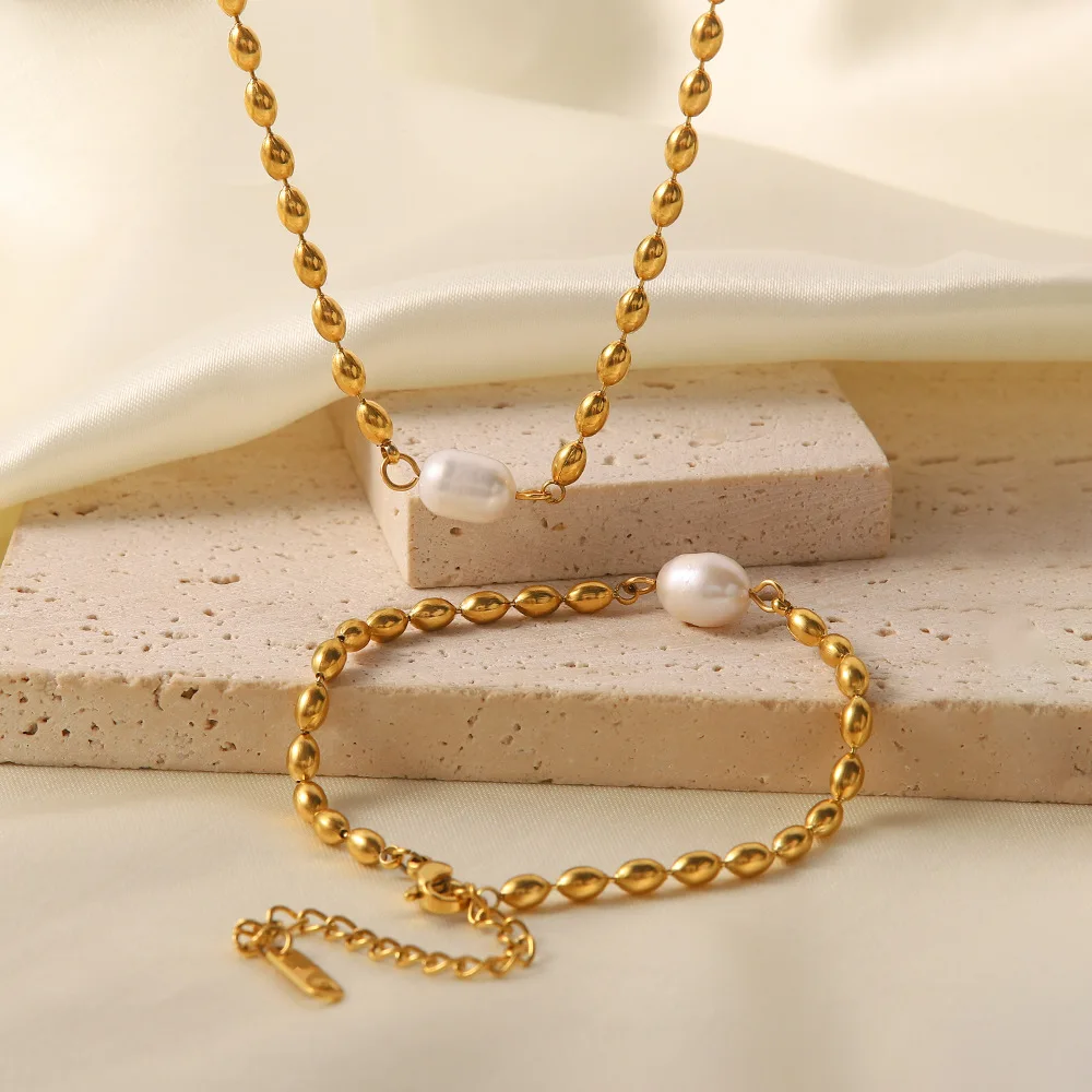 Non Tarnish Freshwater Pearl Gold Bead Necklace Bracelet Stainless Steel Statement Trendy Jewelry Set For Women