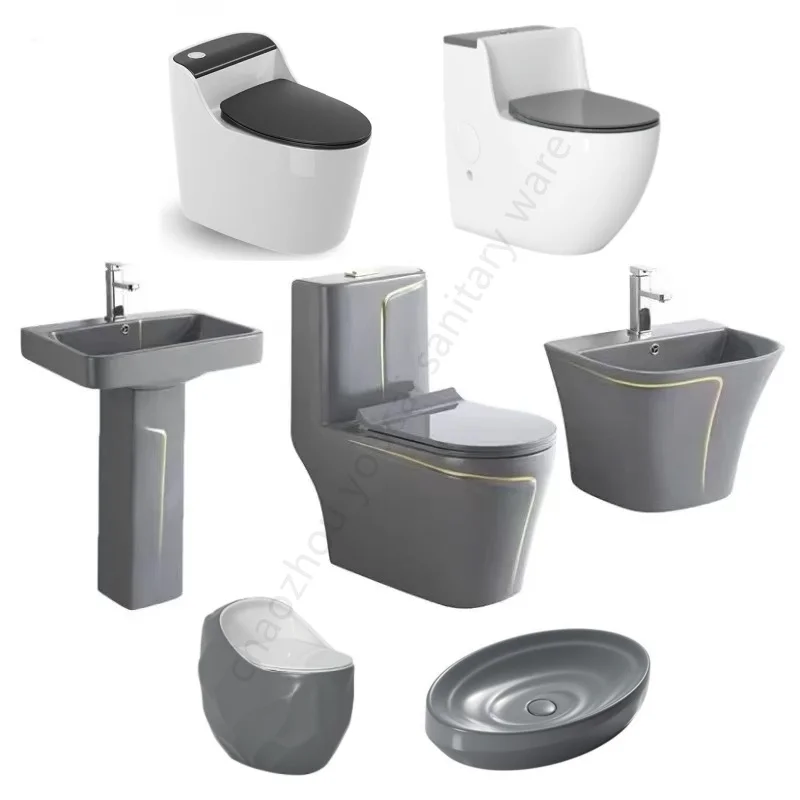 China Export Ceramic Toilet Inodoros Sanitarios One Piece Commode Grey Wash Basin Bathroom Suit