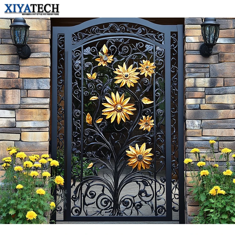 XIYATECH Luxurious and Gorgeous Front Entrance Door wrought door iron gate design italian style wrought villa gates with flowers