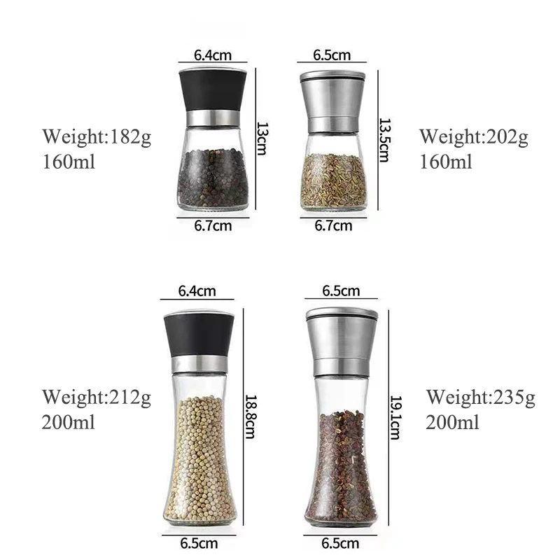 Amazon Wholesale  Adjustable Ceramic Core Bottle Stainless Steel Glass Salt Mill Chili Manual Pepper Grinder Mill Shakers Set