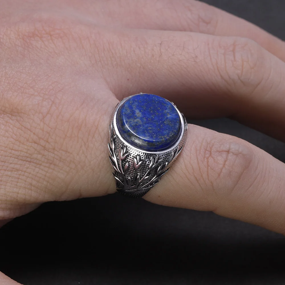 Genuine Solid 925 Sterling Silver Turkish Men Rings Natural Lapis Lazuli Tree Branches Engraved Turkish Finger Rings Man Ring