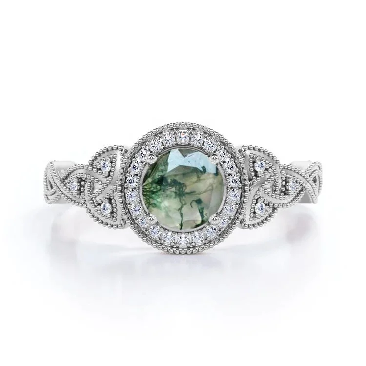 Floral Rope Design Moss Green Agate Ring 925 Sterling Silver Natural Stone Jewelry