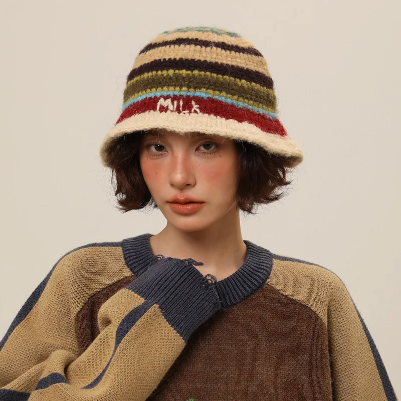 New Arrival Women Colorful Knitted Hand-hooked Striped Bucket Hat For Autumn And Winter crochet knit bucket