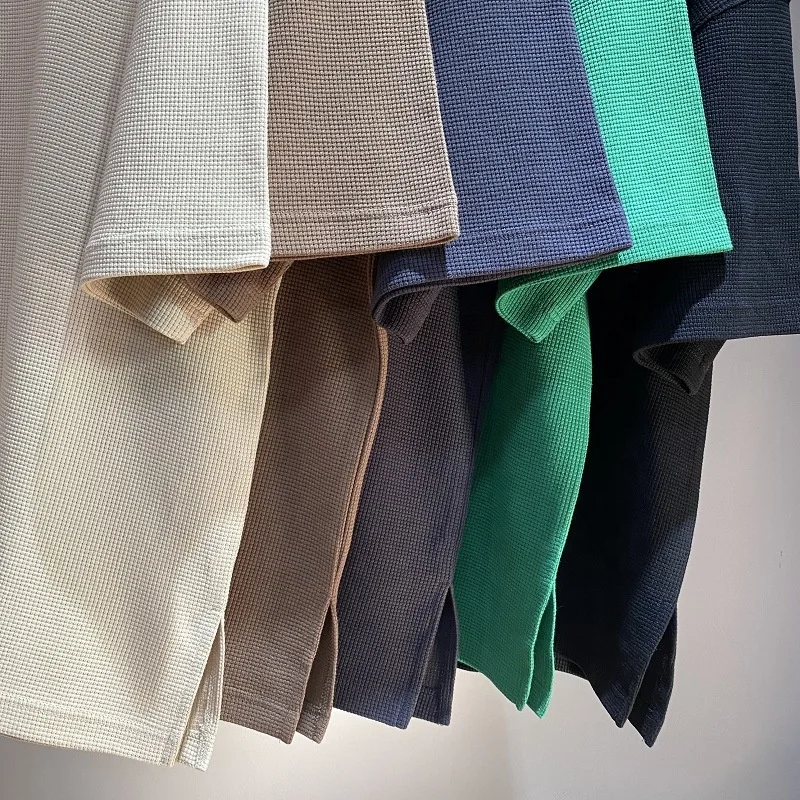 Boxy Polyester Unisex Waffle Knit Tshirt Fit Men's T Shirt Heavy Thick Collar Tee High Quality Jersey Cotton Blank 260gsm